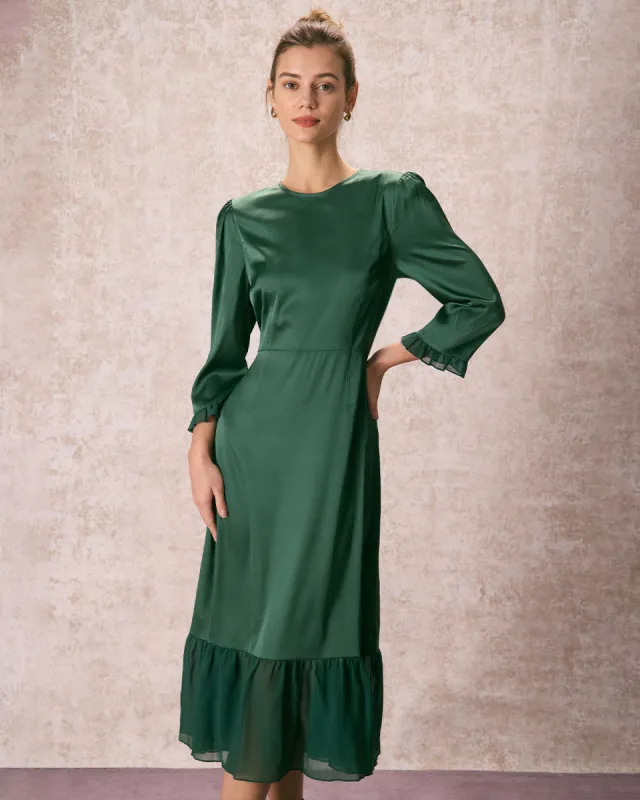 The Green Spliced Ruffle Poet Sleeve Midi Dress sold by rihoas