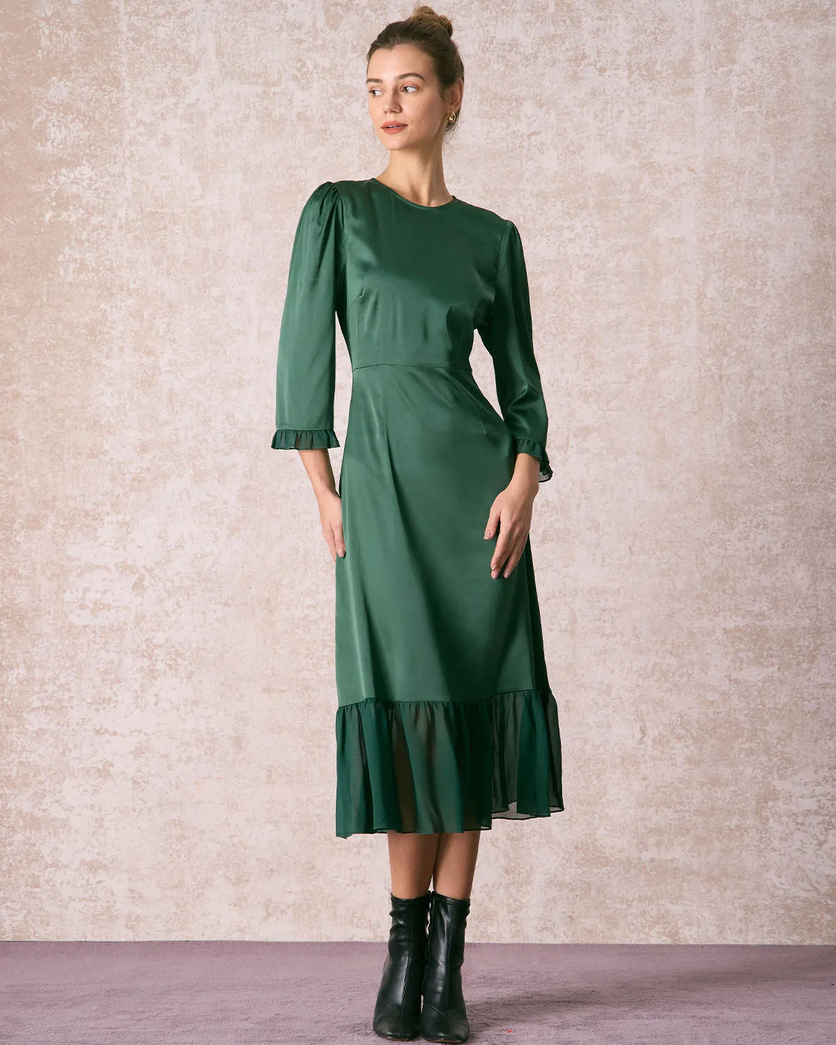 The Green Spliced Ruffle Poet Sleeve Midi Dress sold by rihoas product image thumbnail 2