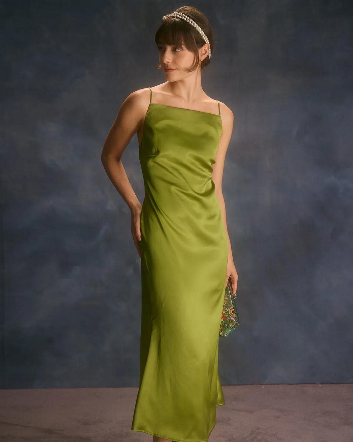 The Green Backless Satin Mermaid Midi Dress sold by rihoas