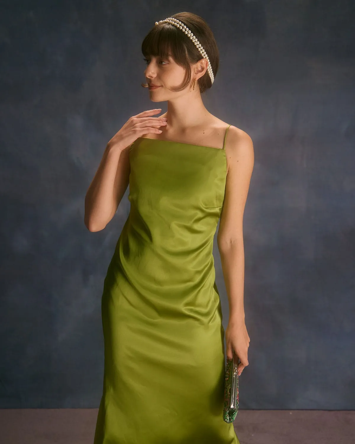 The Green Backless Satin Mermaid Midi Dress sold by rihoas product image thumbnail 5