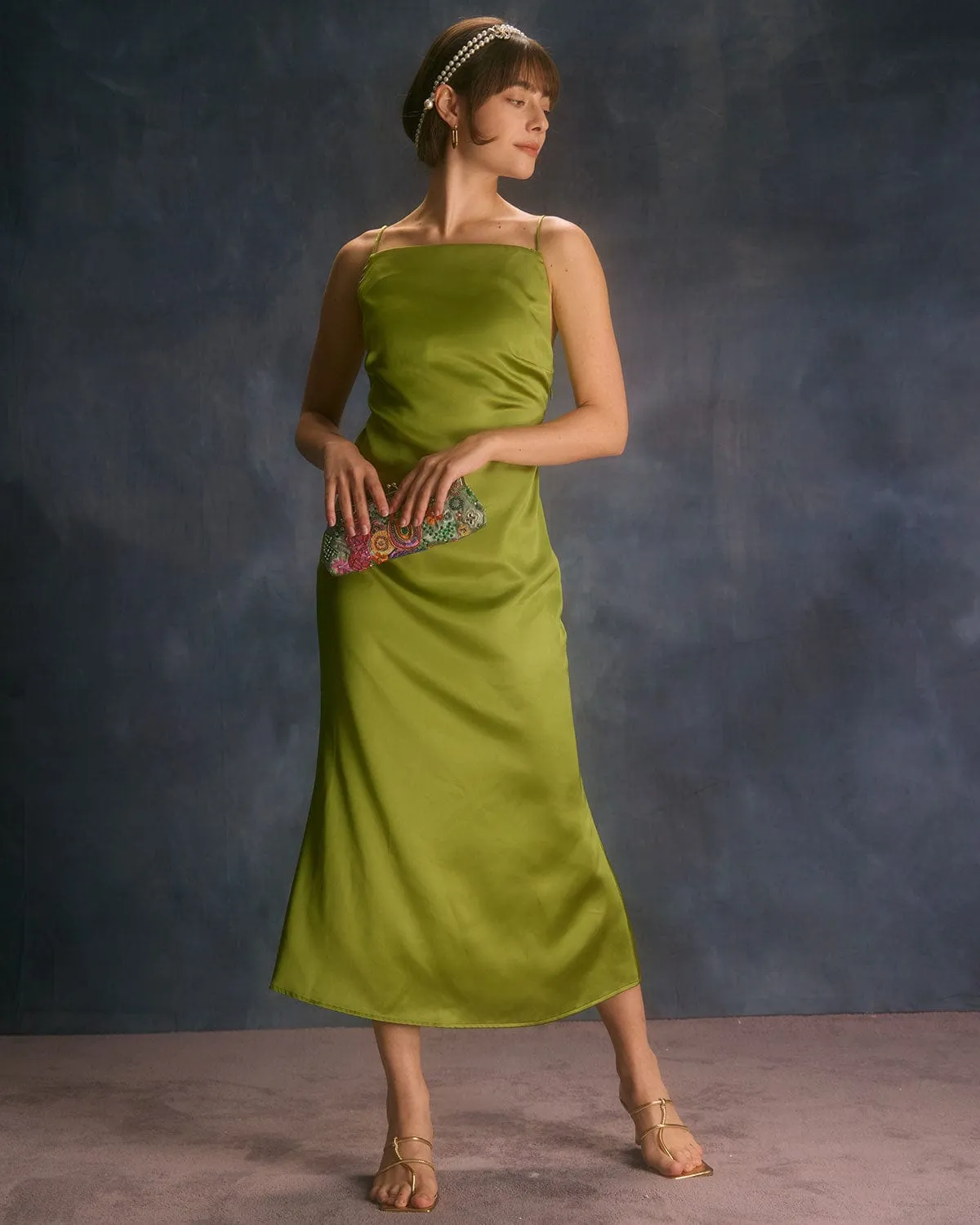 The Green Backless Satin Mermaid Midi Dress sold by rihoas product image thumbnail 4