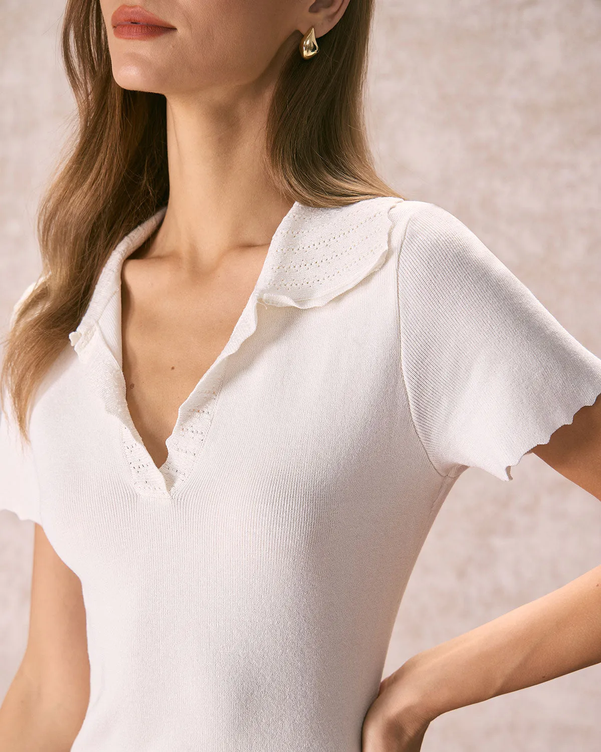 The White V Neck Scalloped Knit Mini Dress sold by rihoas product image thumbnail 2