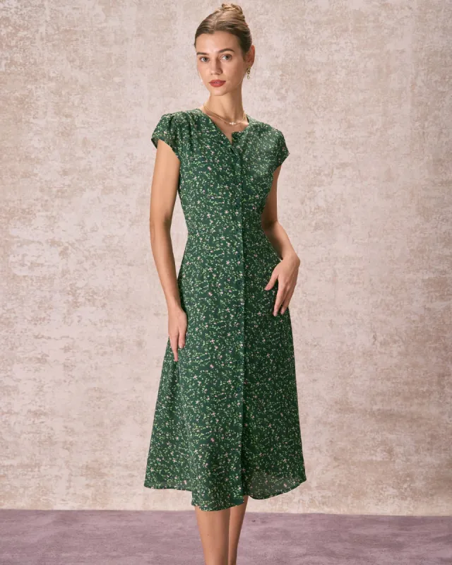 The Green Crew Neck Button-up Floral Midi Dress sold by rihoas