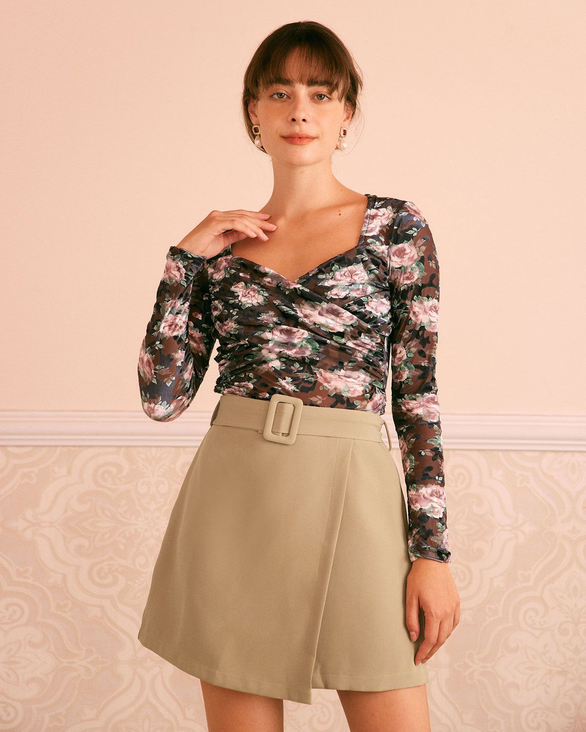 The Khaki Belted Zipper Split Hem Mini Skirt sold by rihoas product image thumbnail 2