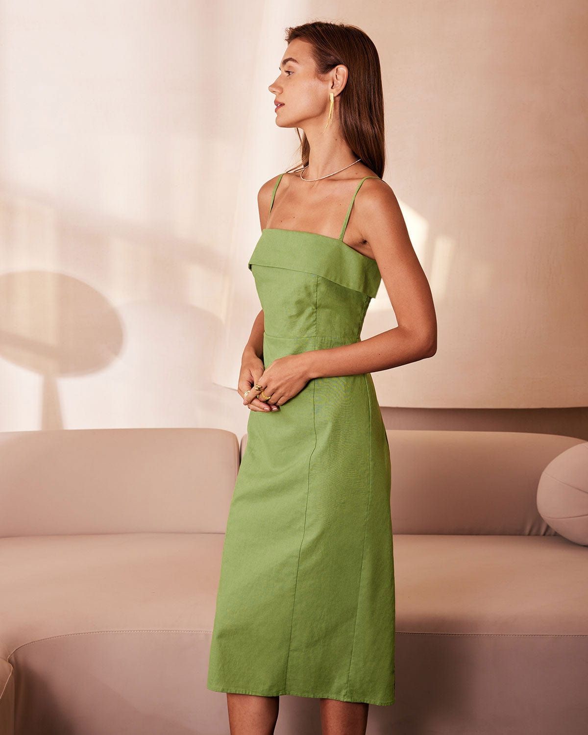 The Green Sleeveless Sheath Slip Midi Dress sold by rihoas product image thumbnail 3
