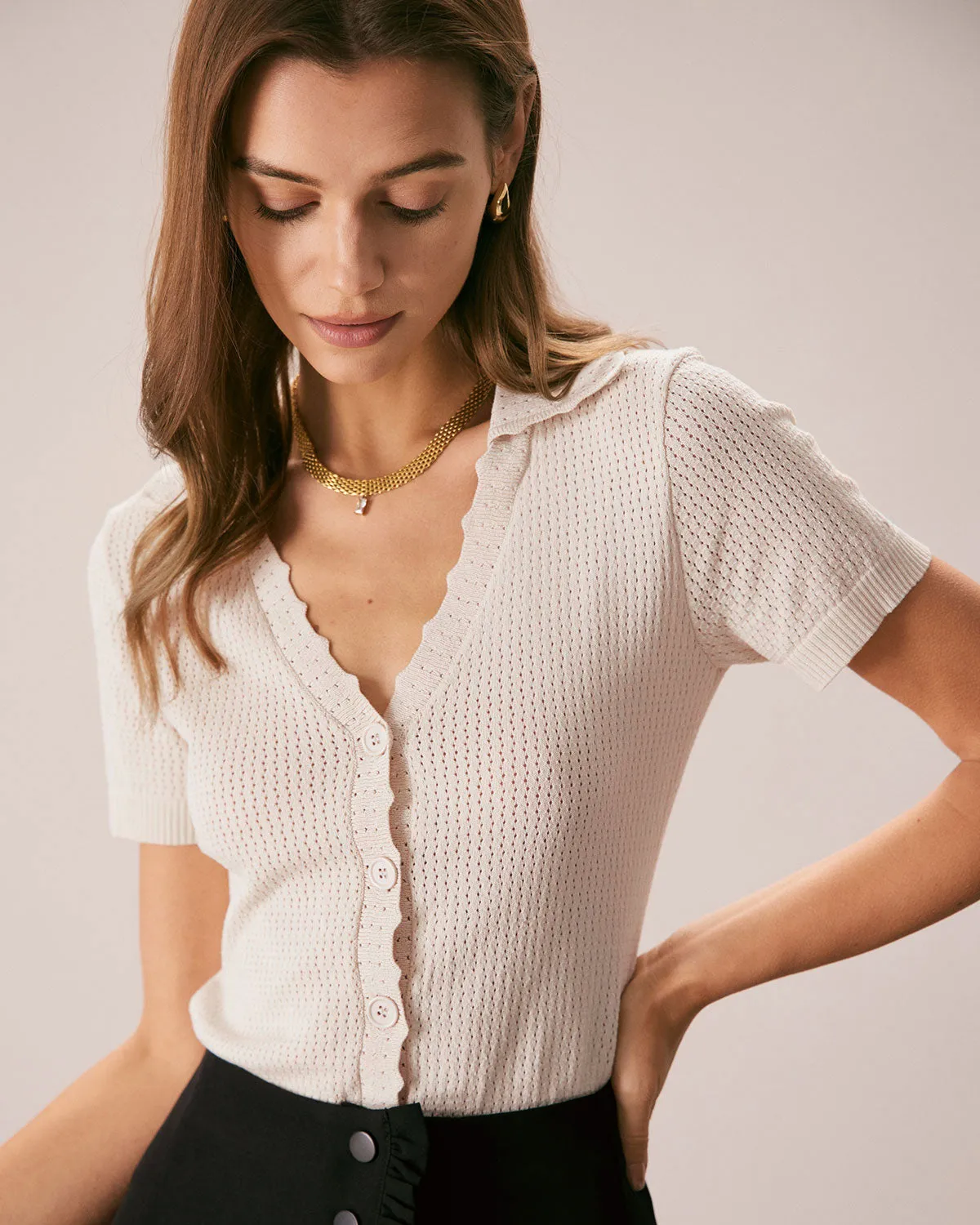 The Nude V Neck Button Pointelle Knit Tee sold by rihoas product image thumbnail 3