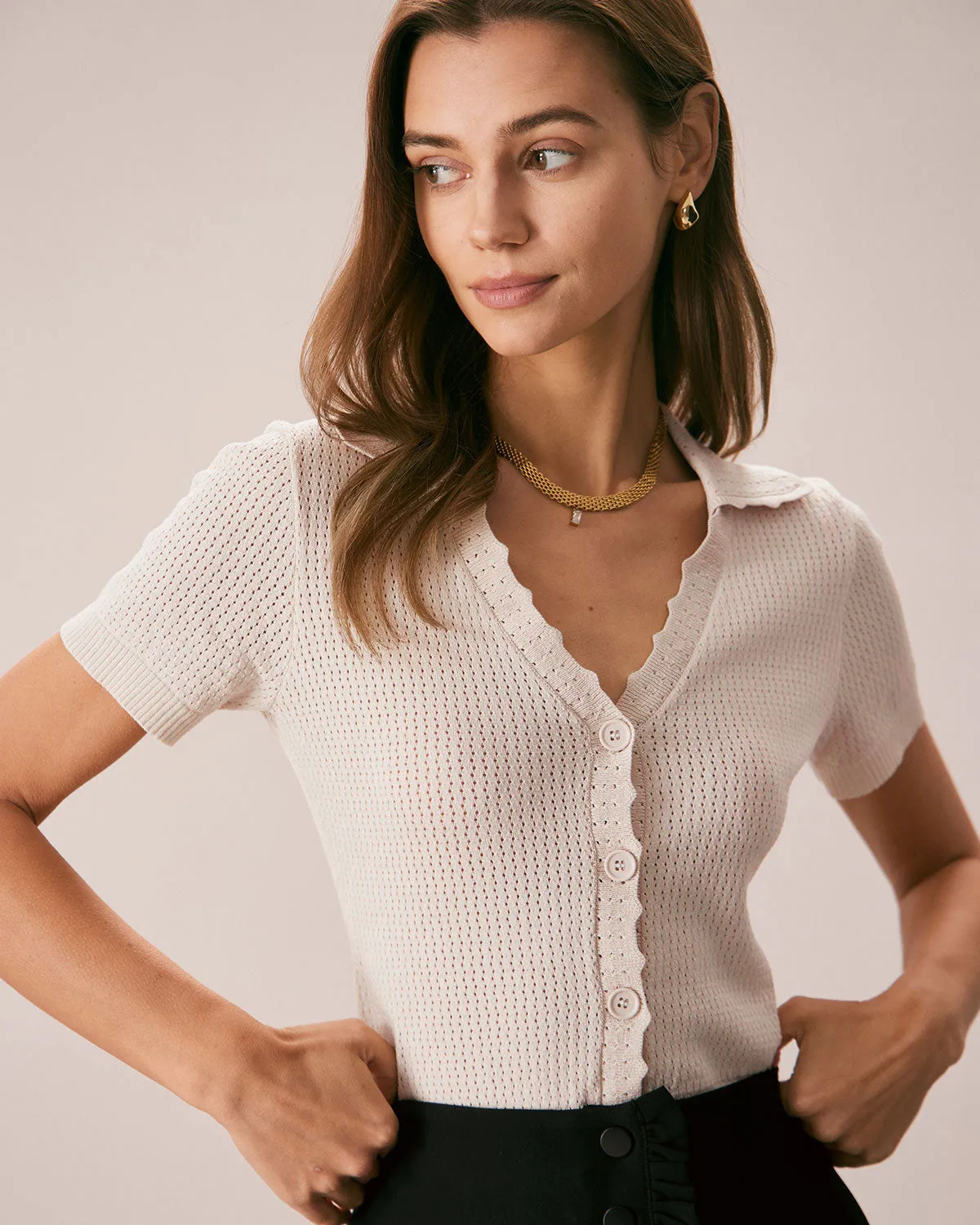 The Nude V Neck Button Pointelle Knit Tee sold by rihoas product image thumbnail 2