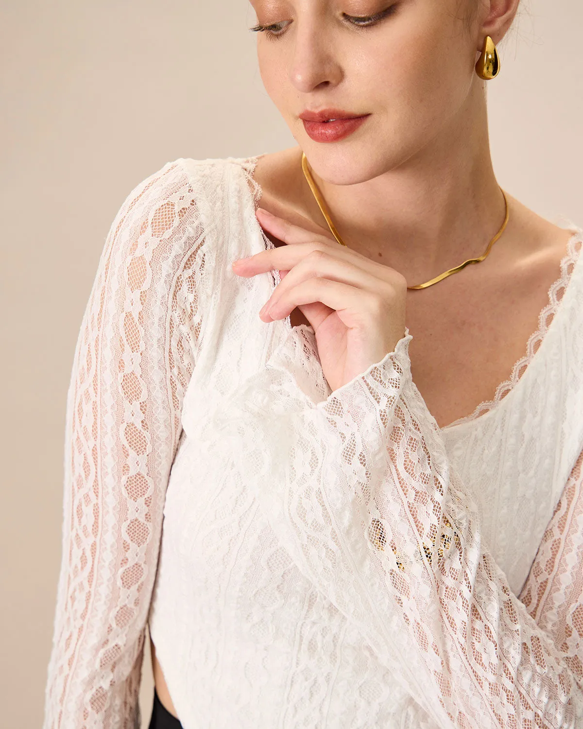 Women's White Lace See-Through Cropped Tee sold by rihoas product image thumbnail 3