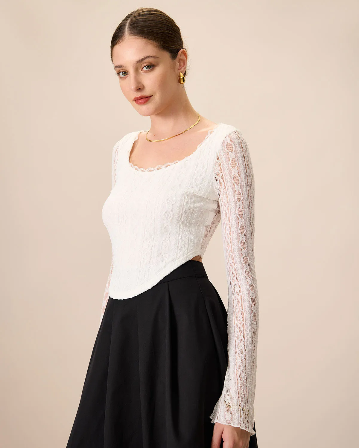 Women's White Lace See-Through Cropped Tee sold by rihoas product image thumbnail 5