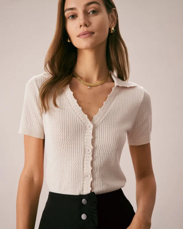 The Nude V Neck Button Pointelle Knit Tee sold by rihoas