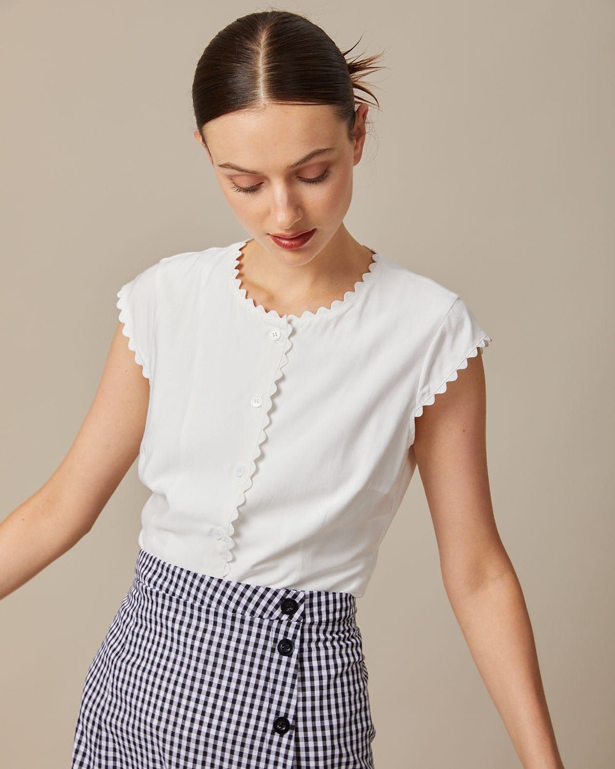 The White Scalloped Trim Cap Sleeve Blouse sold by rihoas product image thumbnail 2
