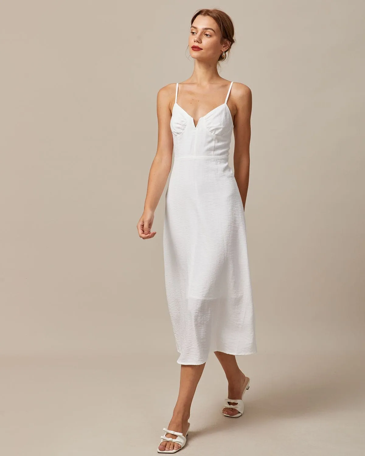 The White Deep V Neck Ruched Midi Dress sold by rihoas product image thumbnail 4