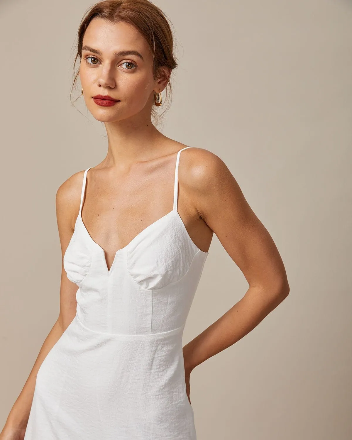The White Deep V Neck Ruched Midi Dress sold by rihoas product image thumbnail 2