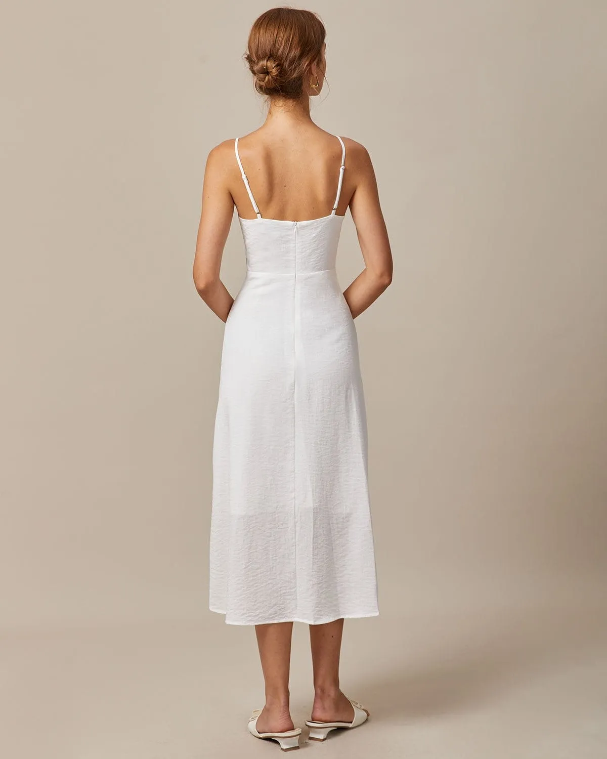 The White Deep V Neck Ruched Midi Dress sold by rihoas product image thumbnail 5