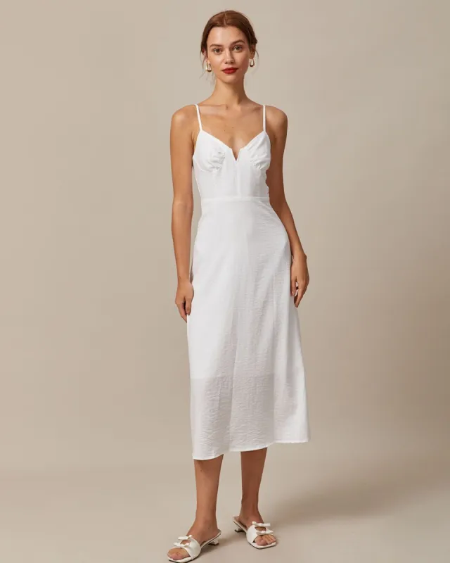 The White Deep V Neck Ruched Midi Dress sold by rihoas