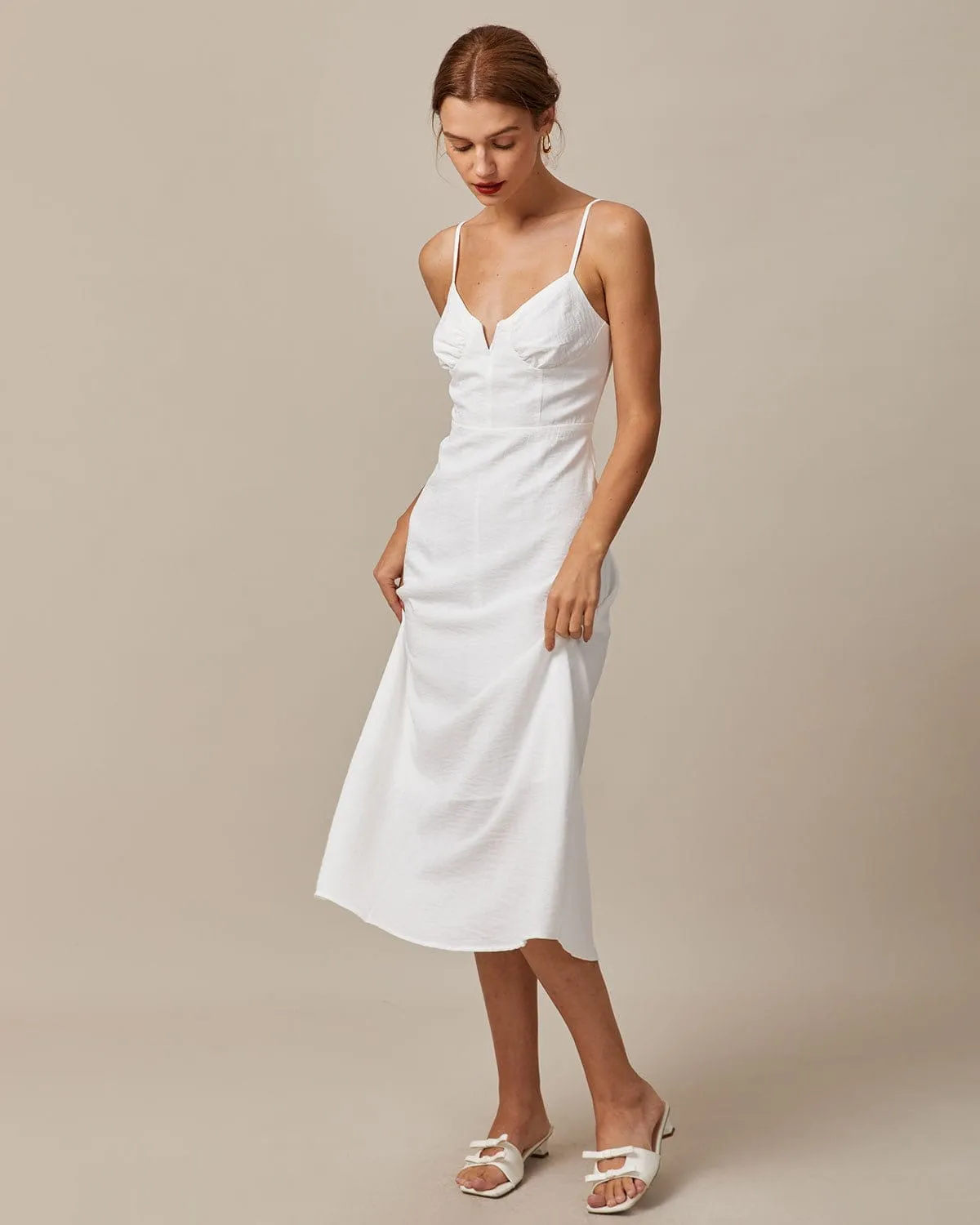 The White Deep V Neck Ruched Midi Dress sold by rihoas product image thumbnail 3