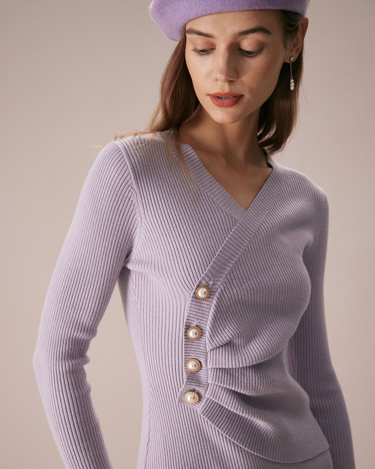 The Purple V Neck Bodycon Sweater Midi Dress sold by rihoas product image thumbnail 4