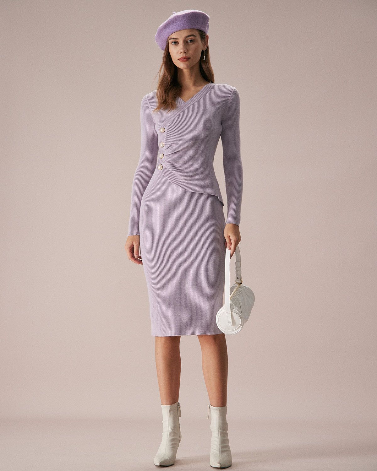 The Purple V Neck Bodycon Sweater Midi Dress sold by rihoas product image thumbnail 2