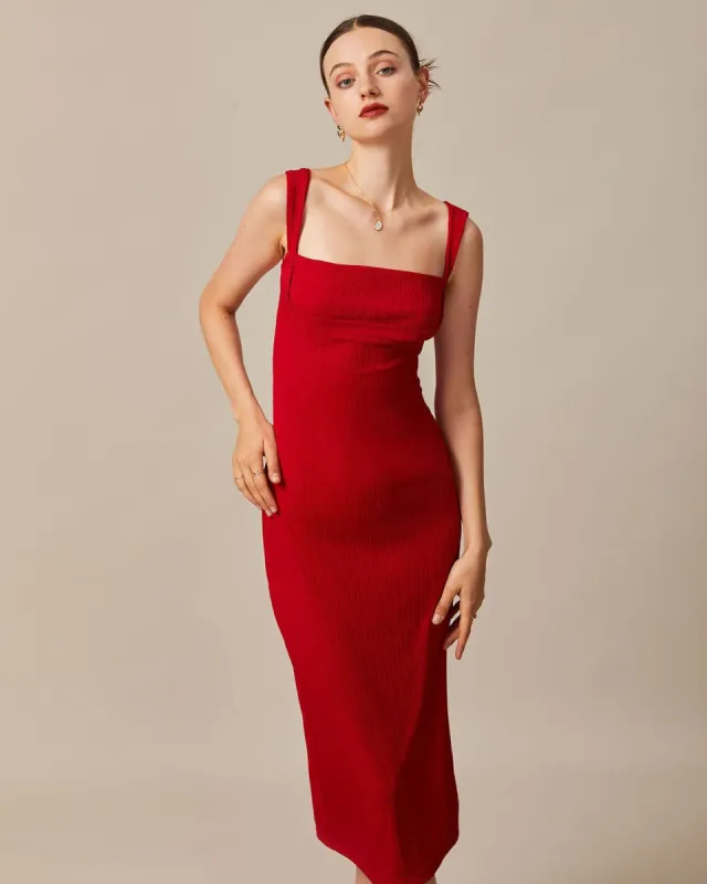 The Red Square Neck Ribbed Midi Dress sold by rihoas