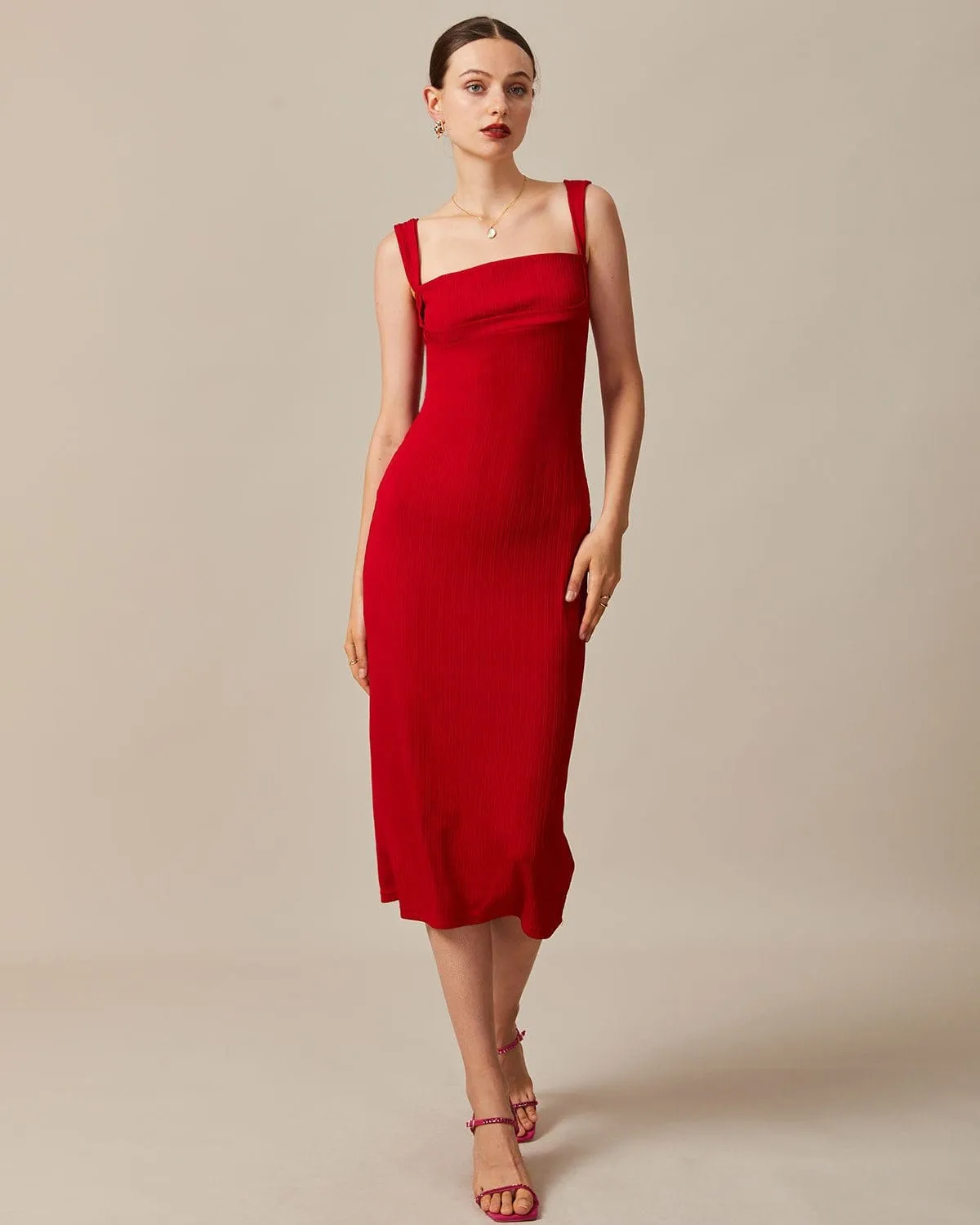 The Red Square Neck Ribbed Midi Dress sold by rihoas product image thumbnail 5