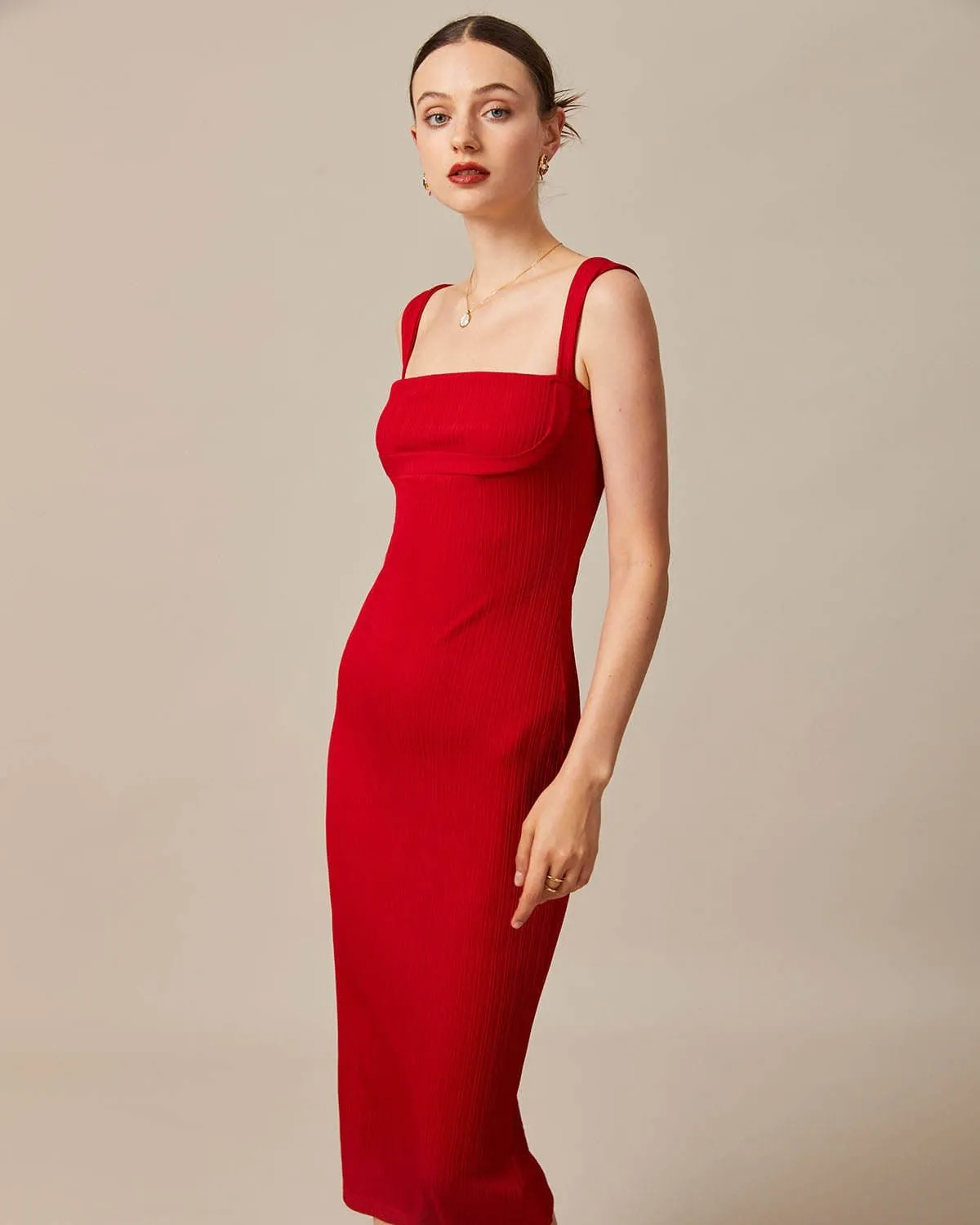 The Red Square Neck Ribbed Midi Dress sold by rihoas product image thumbnail 4