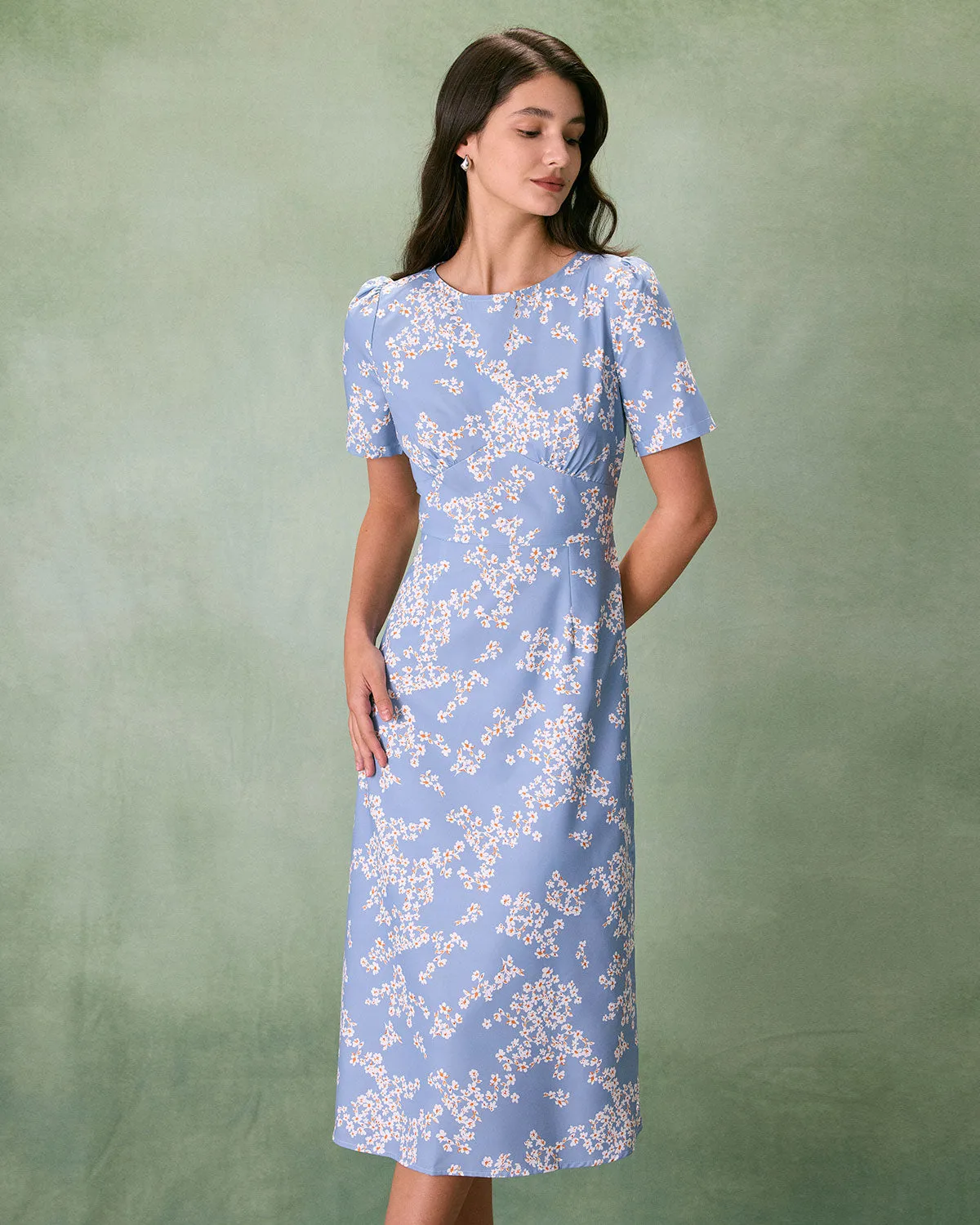 The Blue Round Neck Floral Midi Dress sold by rihoas product image thumbnail 3