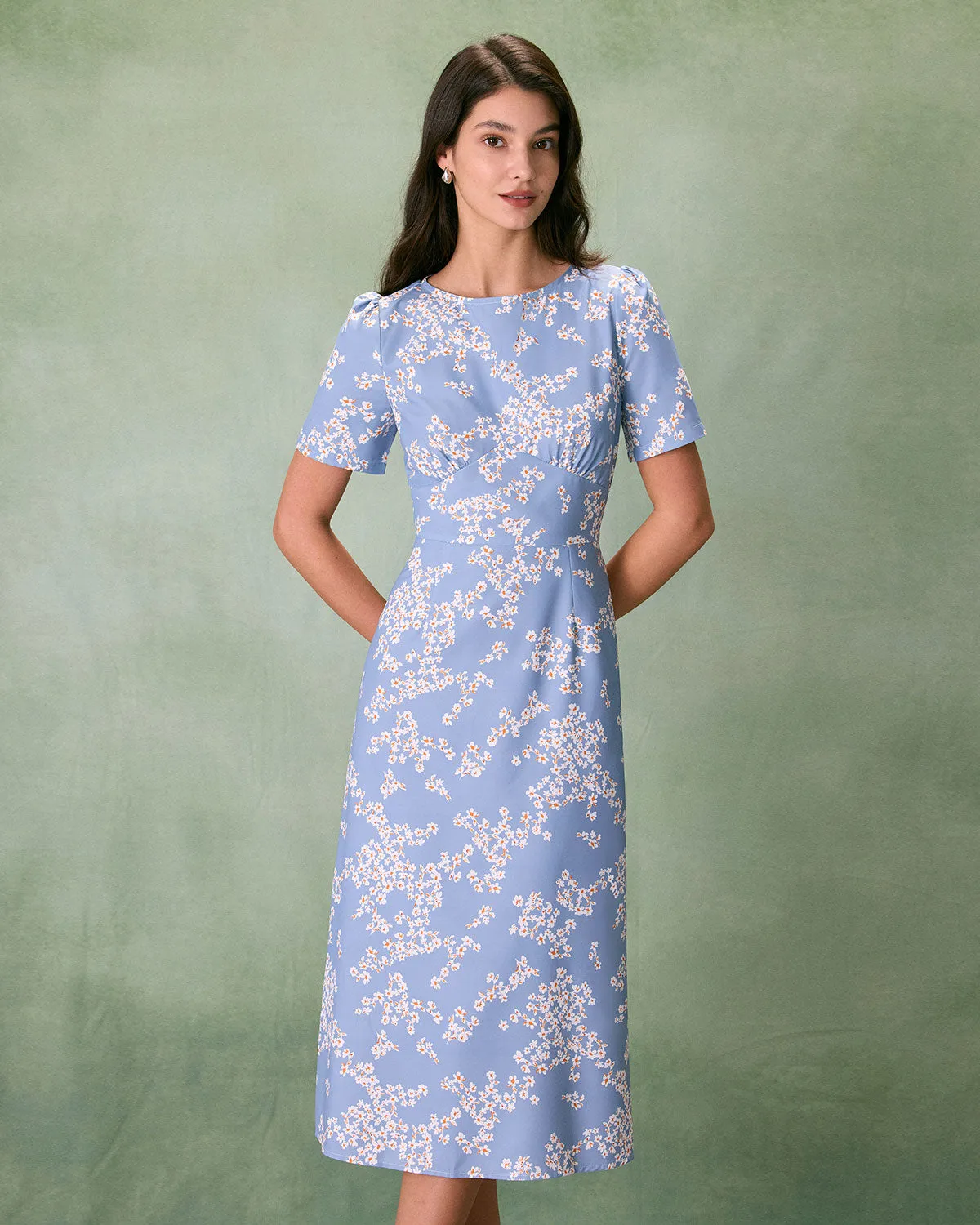 The Blue Round Neck Floral Midi Dress sold by rihoas
