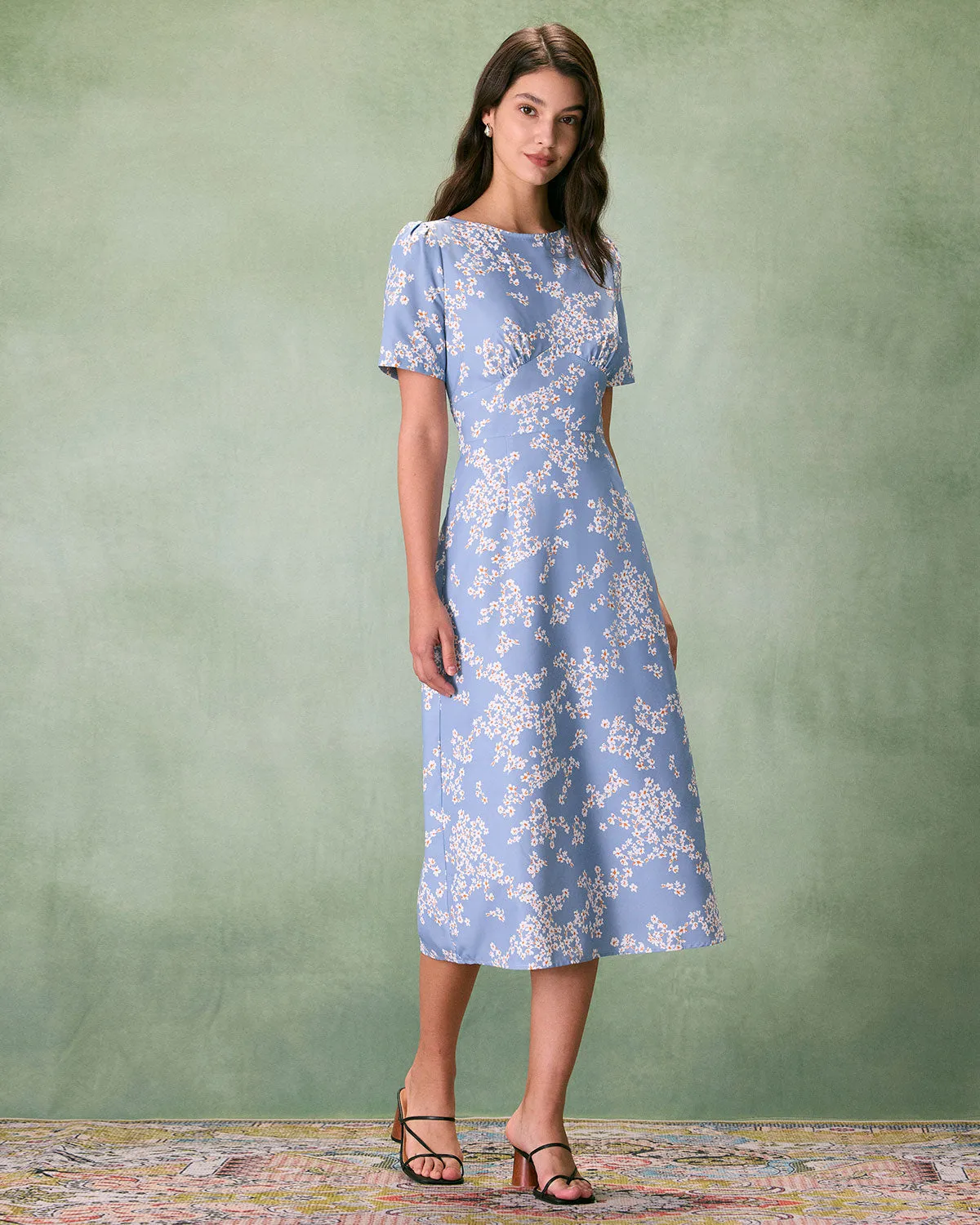 The Blue Round Neck Floral Midi Dress sold by rihoas product image thumbnail 4