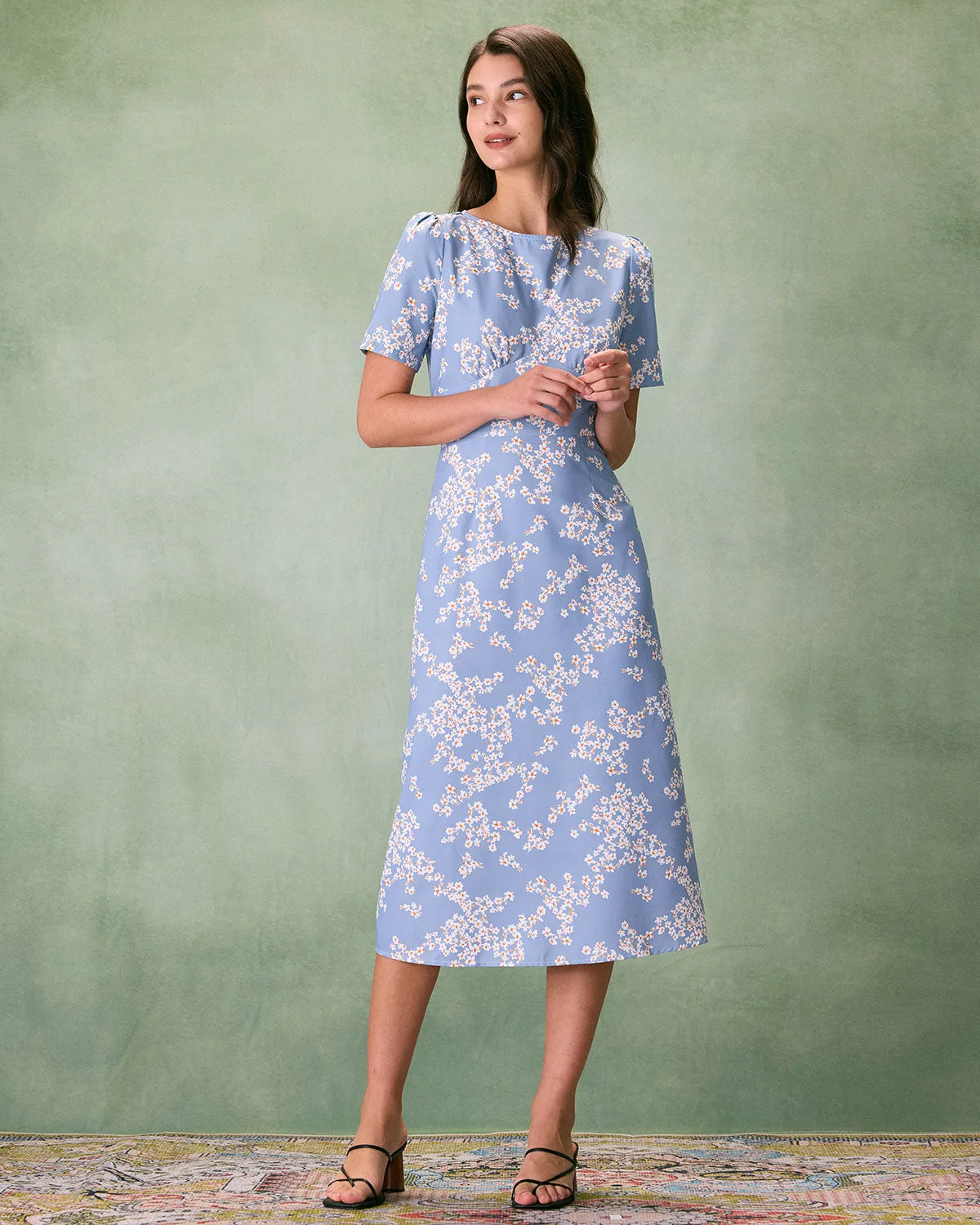 The Blue Round Neck Floral Midi Dress sold by rihoas product image thumbnail 5