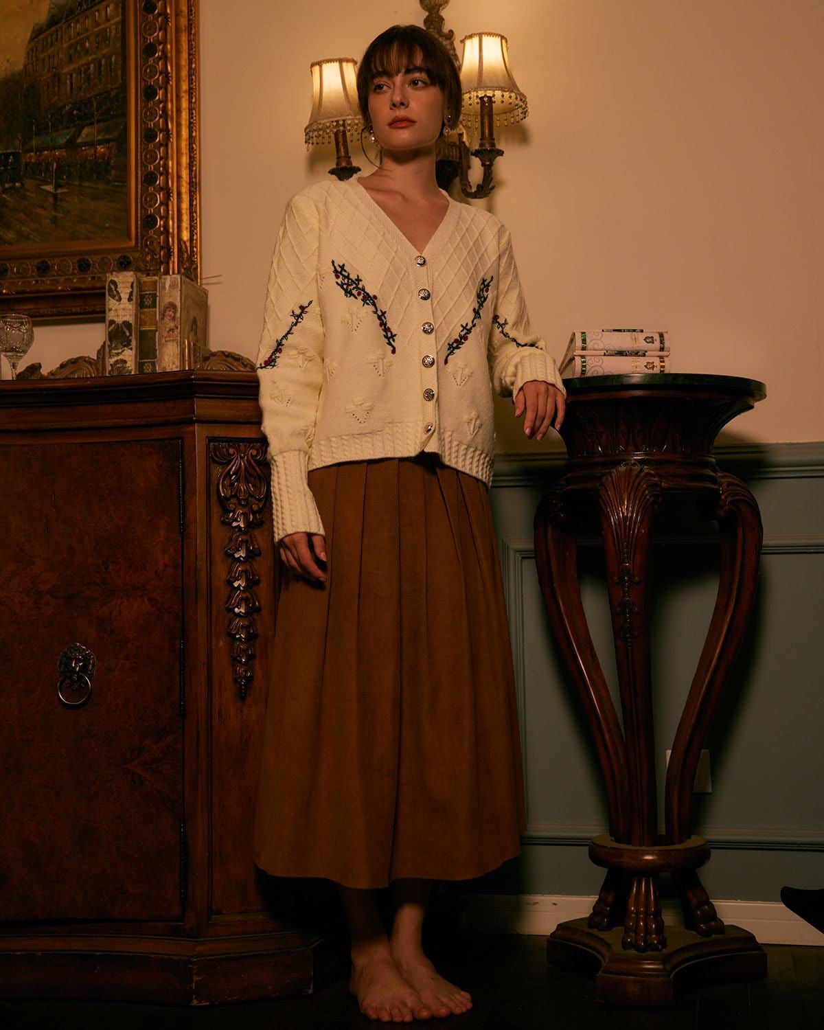 The White V Neck Floral Embroidery Cardigan sold by rihoas product image thumbnail 2