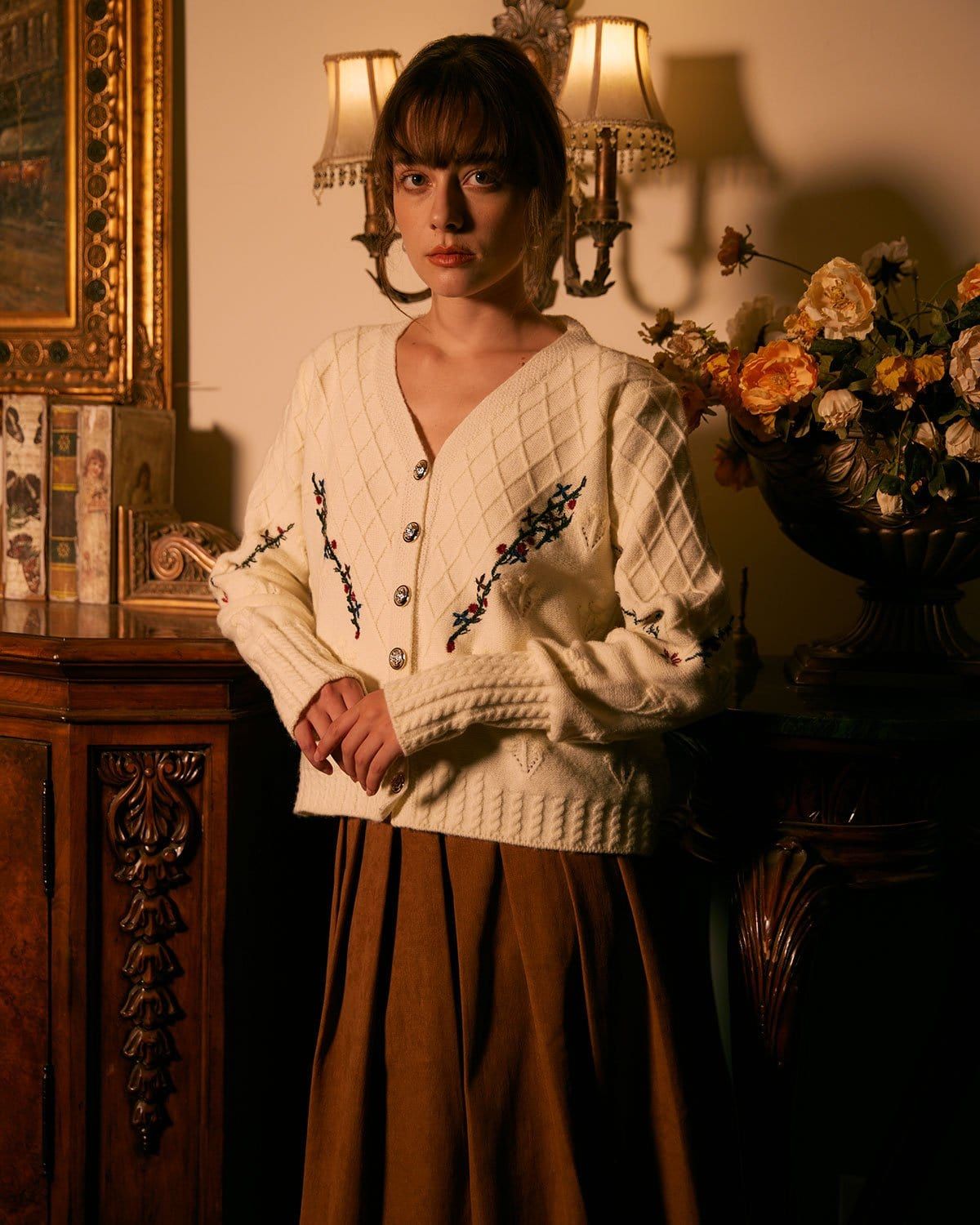 The White V Neck Floral Embroidery Cardigan sold by rihoas product image thumbnail 3
