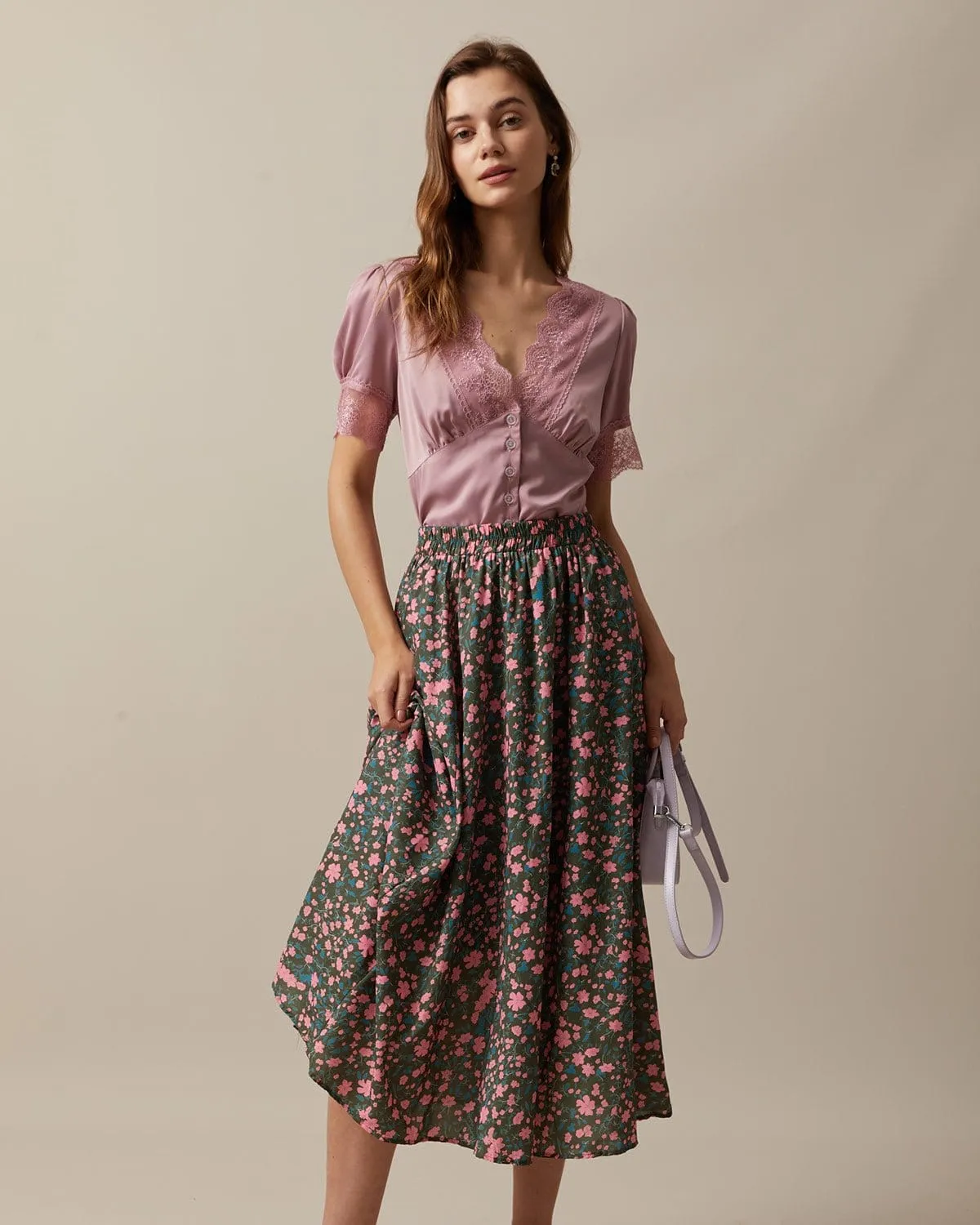 The Pink Satin V Neck Lace Trim Puff Sleeve Blouse sold by rihoas product image thumbnail 3