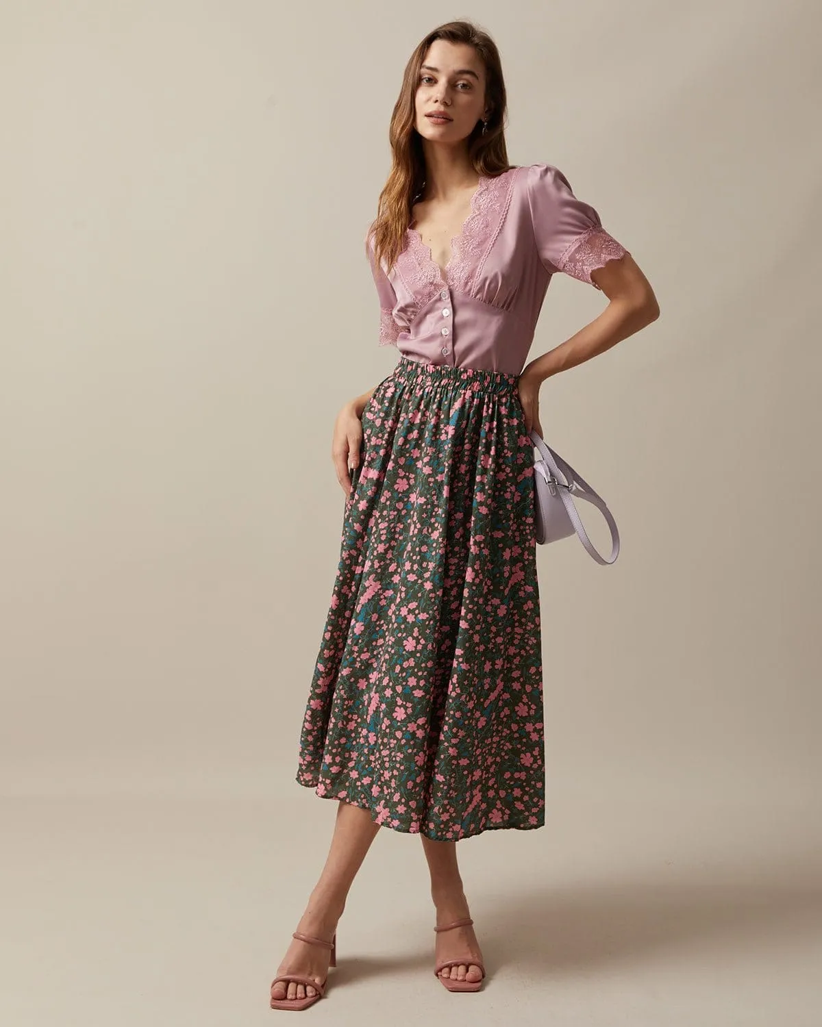 The Pink Satin V Neck Lace Trim Puff Sleeve Blouse sold by rihoas product image thumbnail 4