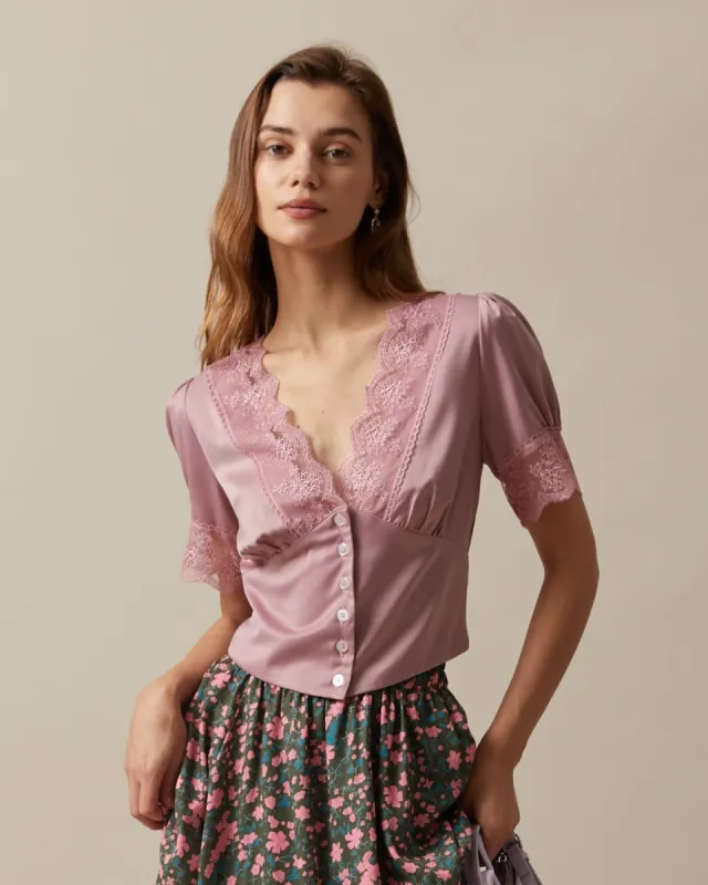 The Pink Satin V Neck Lace Trim Puff Sleeve Blouse sold by rihoas