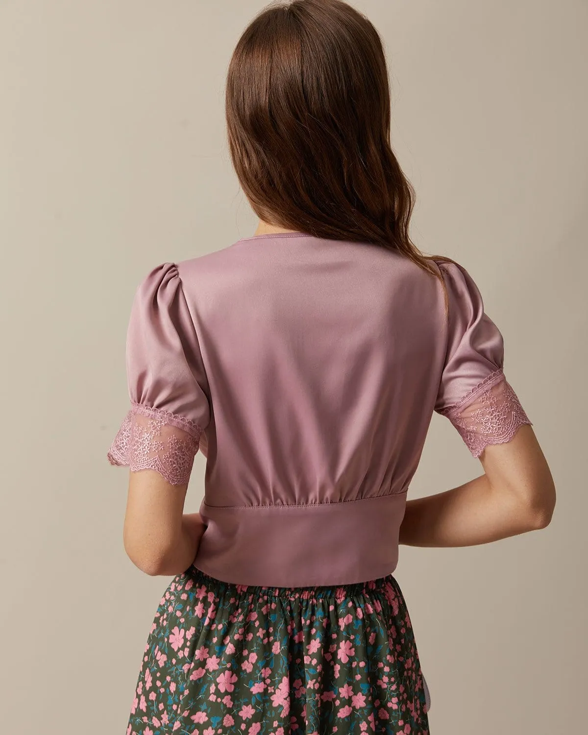 The Pink Satin V Neck Lace Trim Puff Sleeve Blouse sold by rihoas product image thumbnail 5