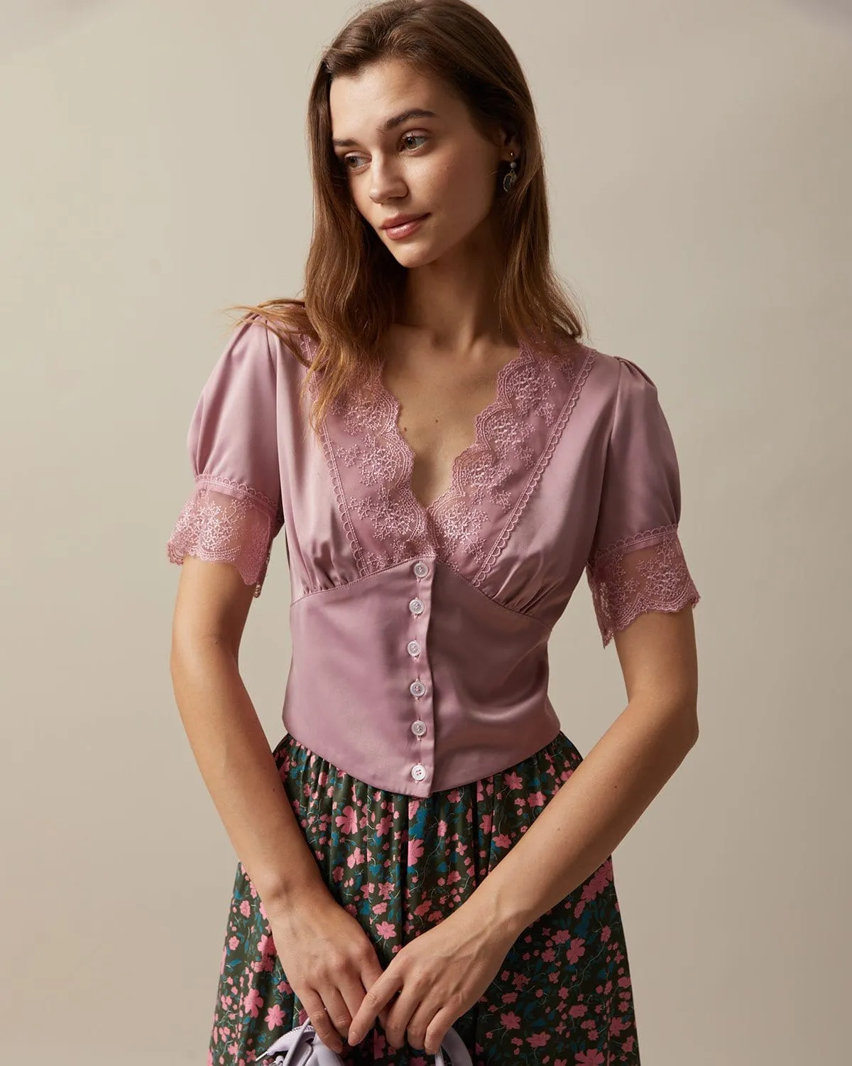 The Pink Satin V Neck Lace Trim Puff Sleeve Blouse sold by rihoas product image thumbnail 2