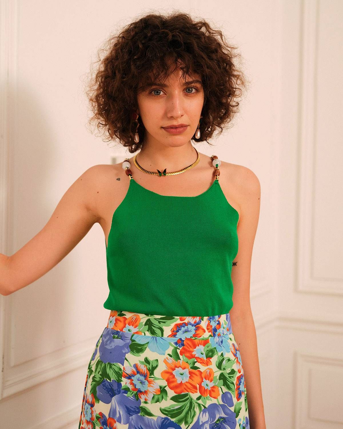 The Beaded Strap Solid Tank Top sold by rihoas