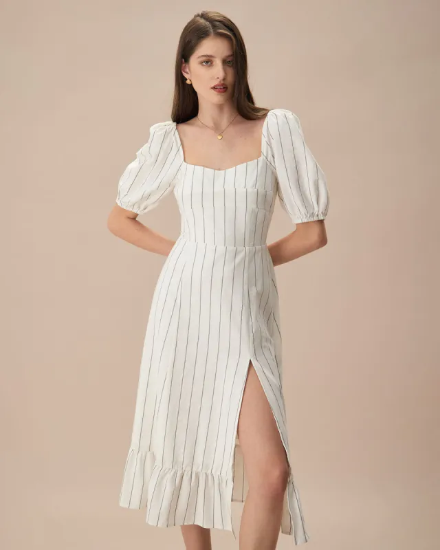 The Beige Puff Sleeve Striped Split Cotton Midi Dress sold by rihoas