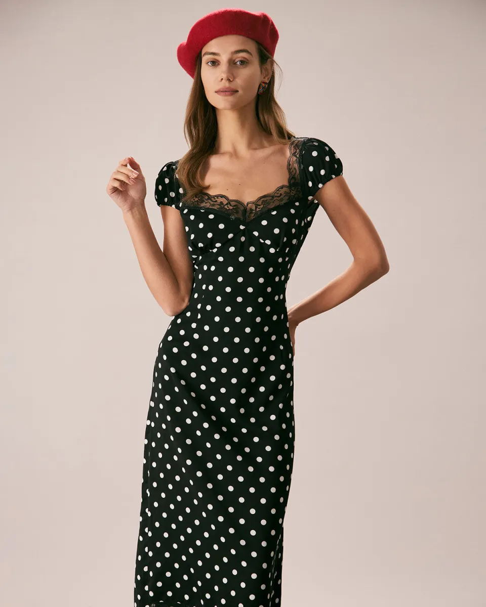 The Black Lace Trim Polka Dot Maxi Dress sold by rihoas