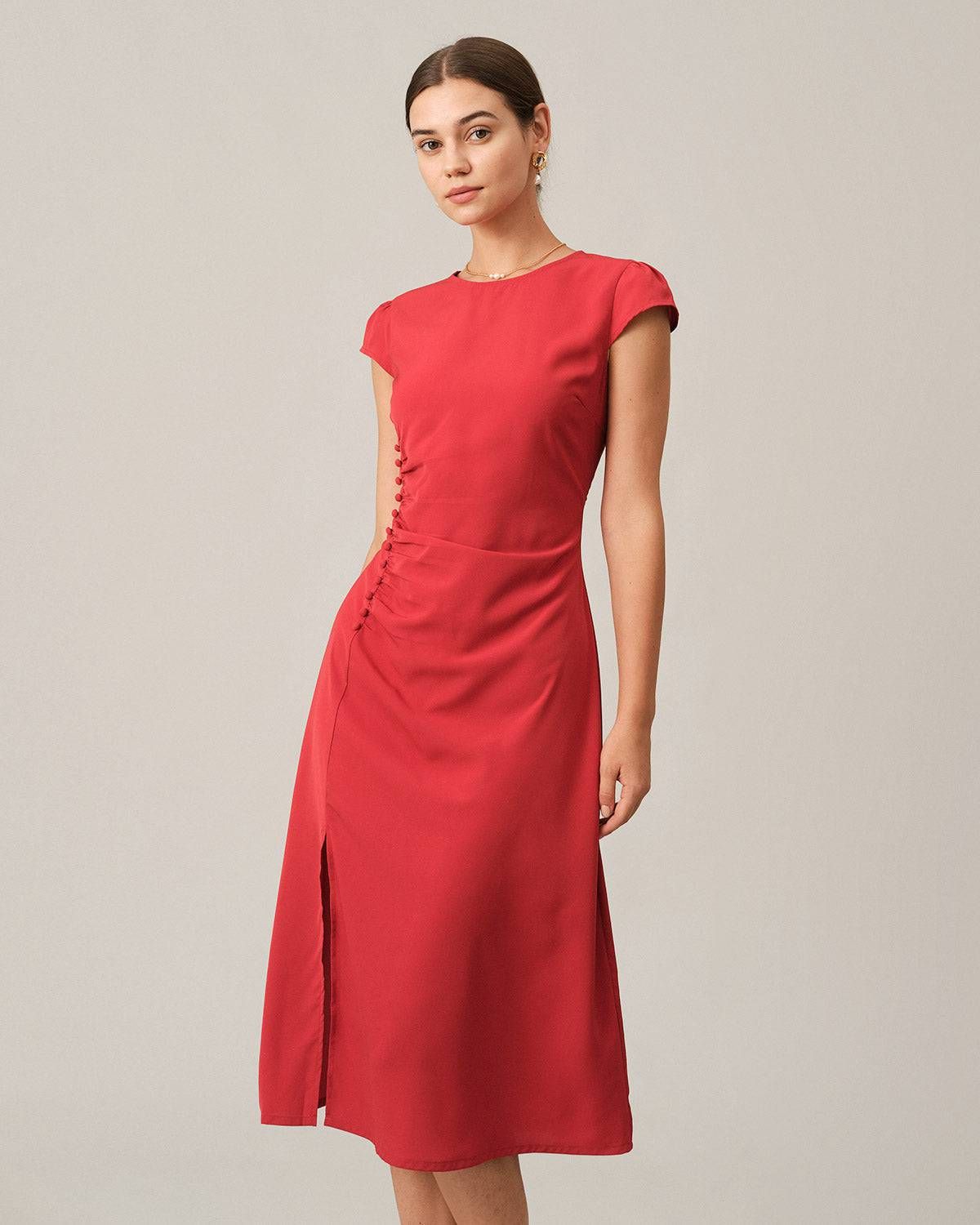 The Solid Ruched Side Split Midi Dress sold by rihoas