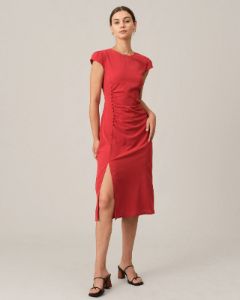 The Solid Ruched Side Split Midi Dress sold by rihoas