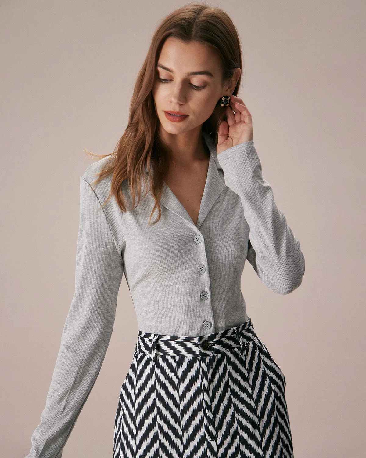 The Grey Lapel Button Down Ribbed Knit Top sold by rihoas