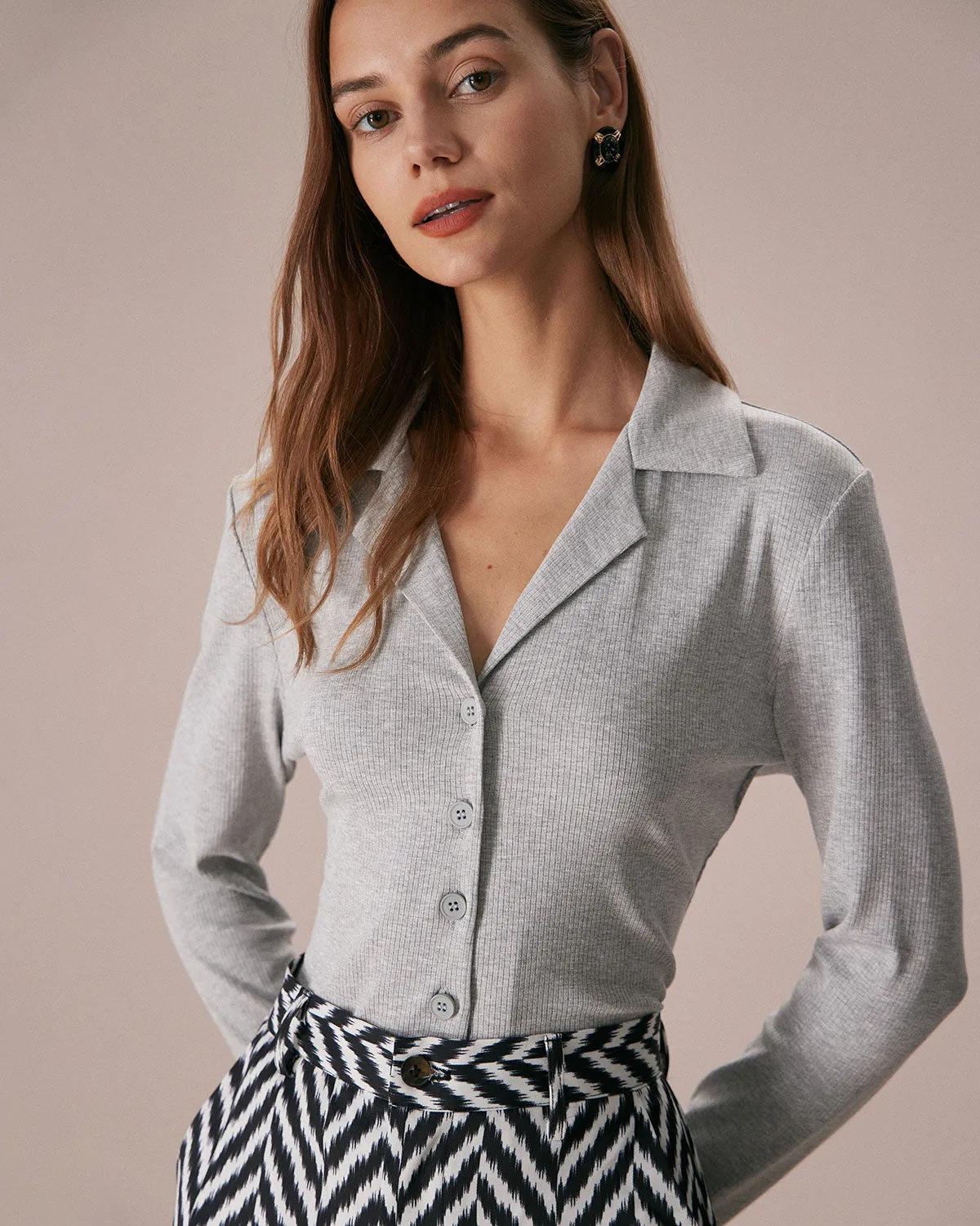 The Grey Lapel Button Down Ribbed Knit Top sold by rihoas product image thumbnail 4