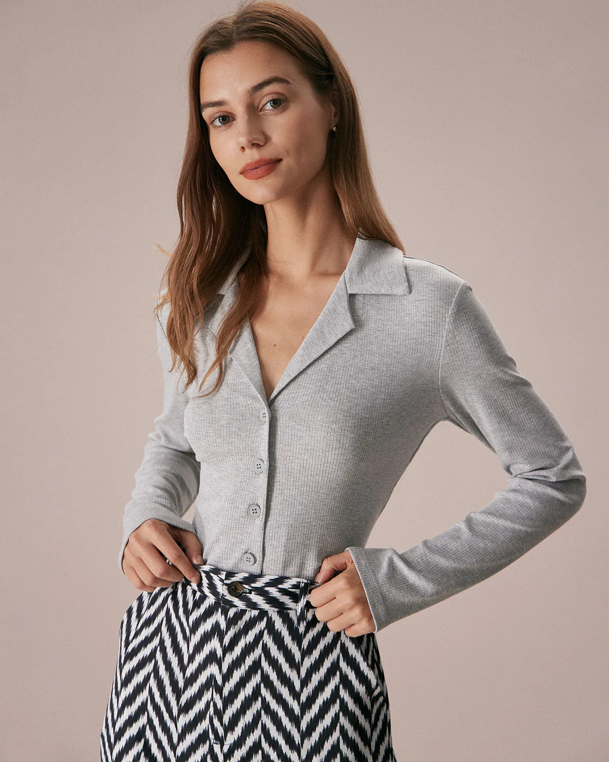 The Grey Lapel Button Down Ribbed Knit Top sold by rihoas product image thumbnail 3
