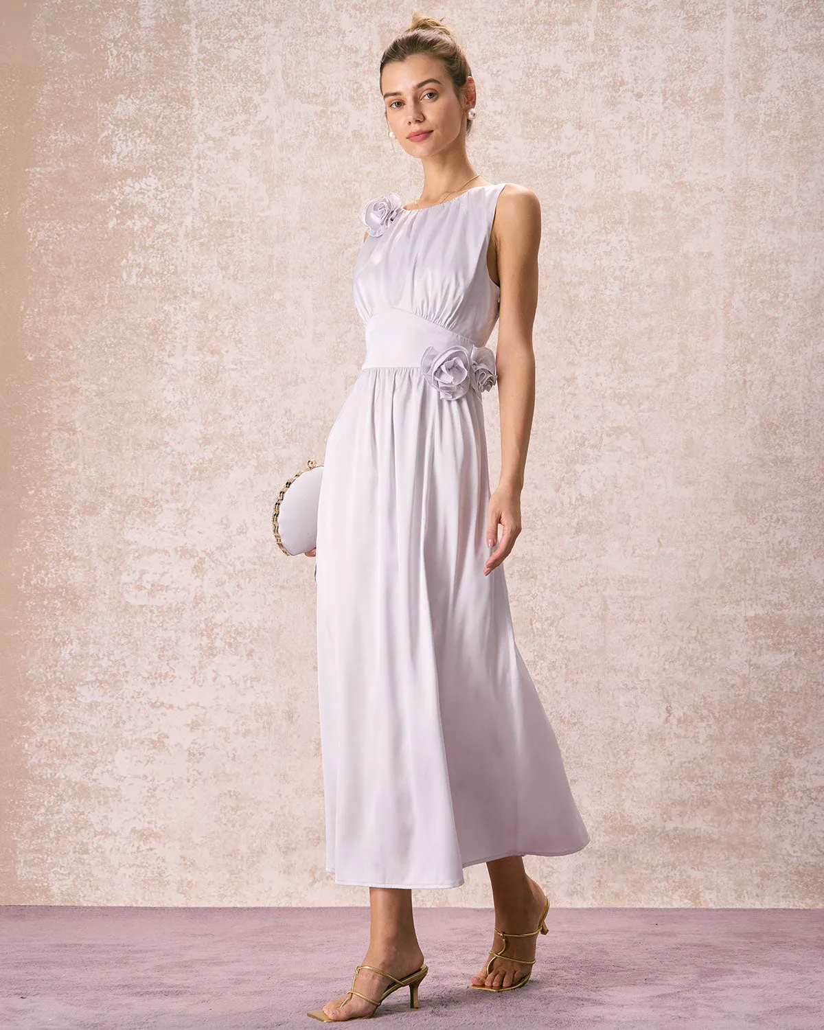 The Silver Boat Neck Floral Satin Maxi Dress sold by rihoas product image thumbnail 3