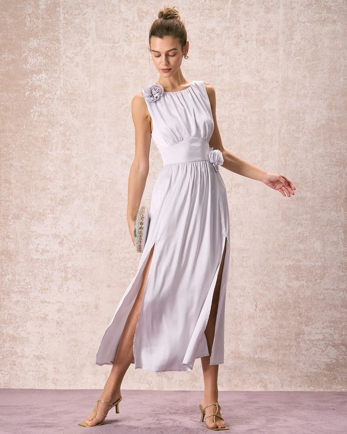 The Silver Boat Neck Floral Satin Maxi Dress sold by rihoas product image thumbnail 4