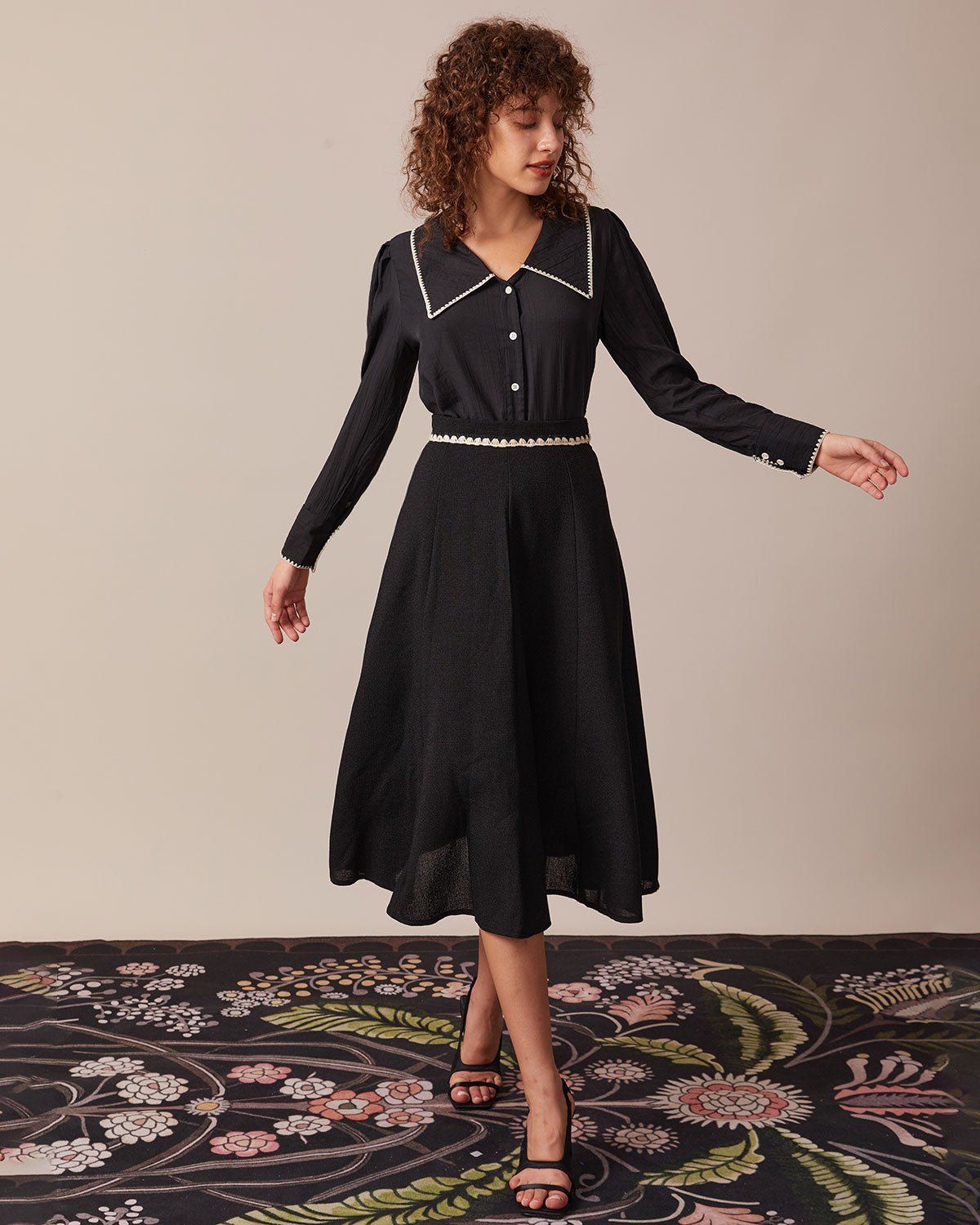 The Black Contrast Embroidery Midi Skirt sold by rihoas product image thumbnail 2