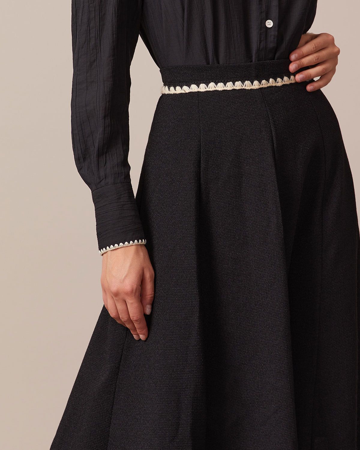 The Black Contrast Embroidery Midi Skirt sold by rihoas product image thumbnail 5