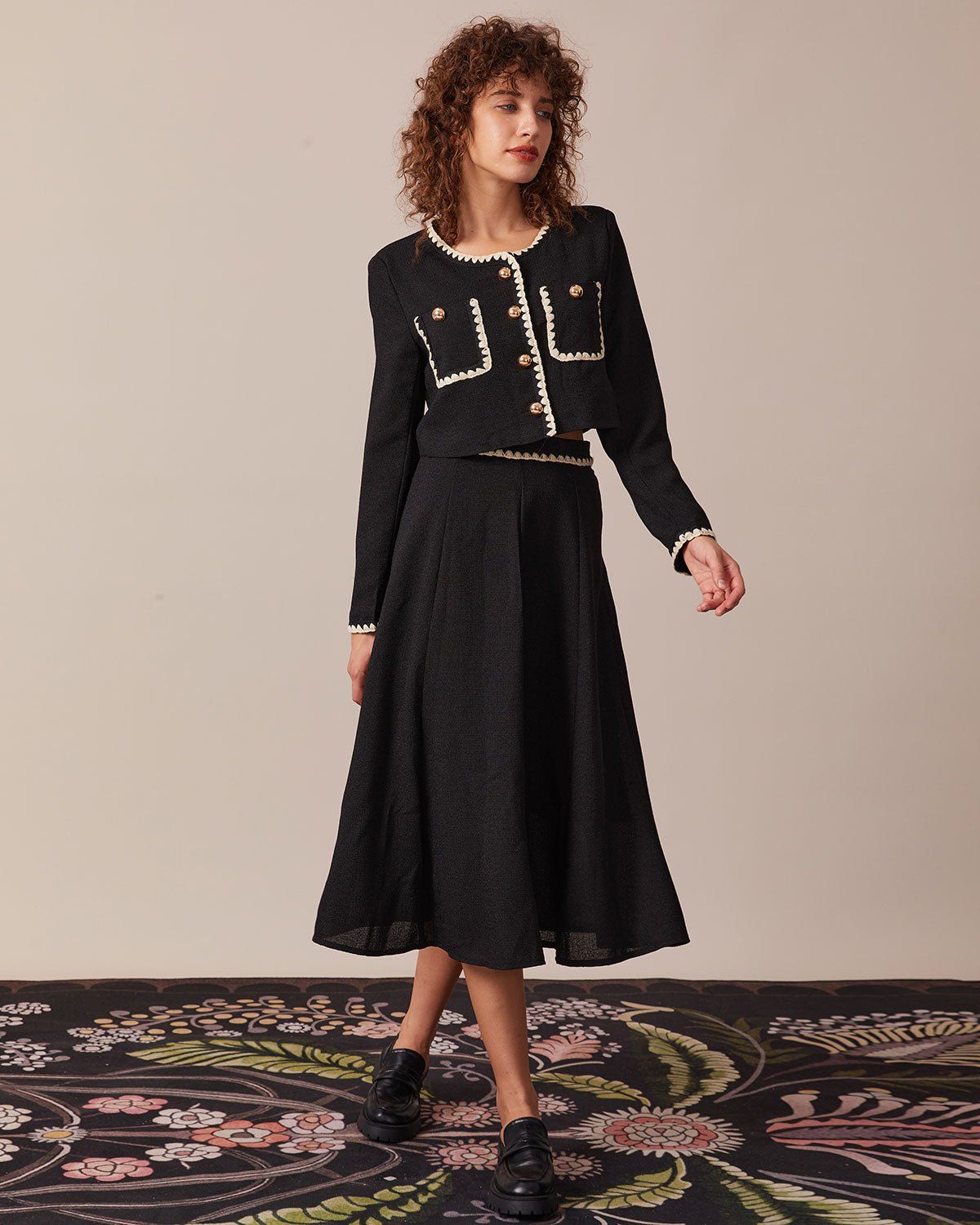 The Black Contrast Embroidery Midi Skirt sold by rihoas product image thumbnail 4
