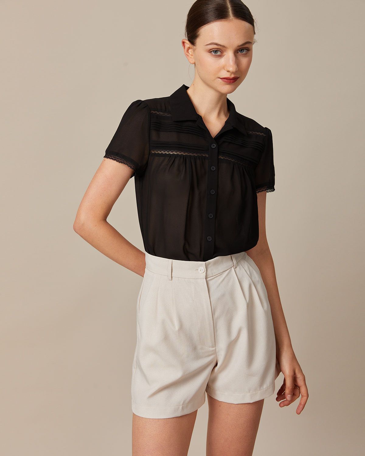 The Black Lapel Lace Trim Pleated Blouse sold by rihoas product image thumbnail 2